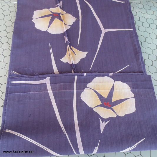 Araihari Baumwoll Yukata Kimono Stoff hellgelbe Asagao auf blau mit Asanoha