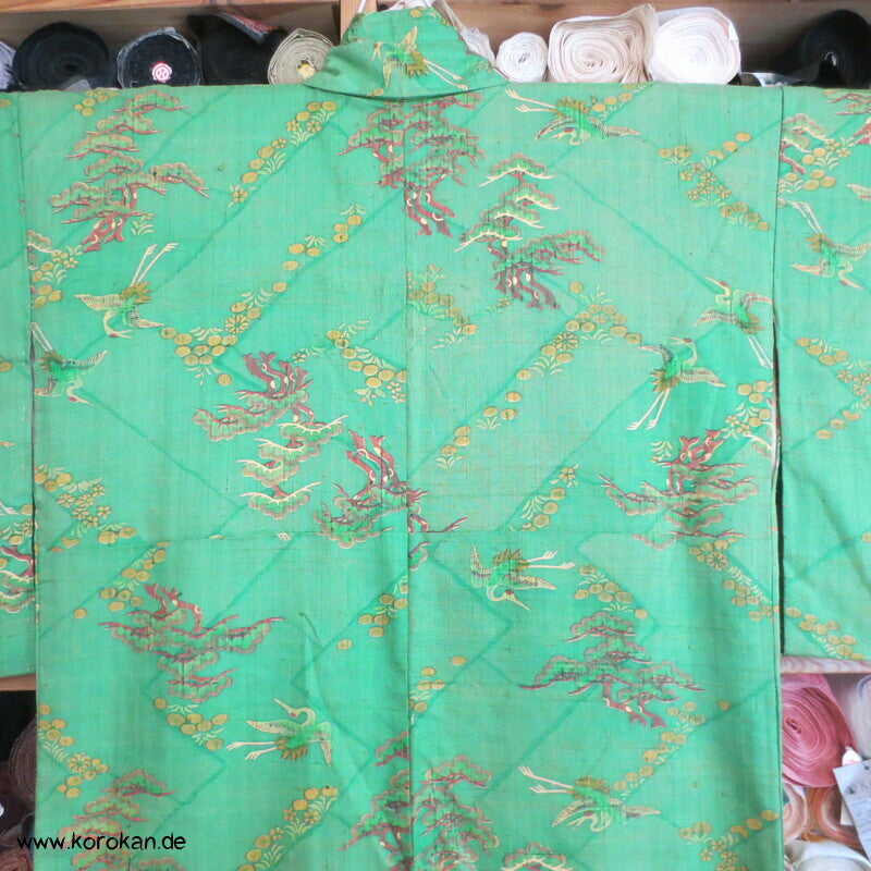 Japan Kranich und Pinien Druck Tsumugi Seiden Kimono
