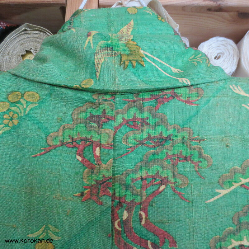 Japan Kranich und Pinien Druck Tsumugi Seiden Kimono