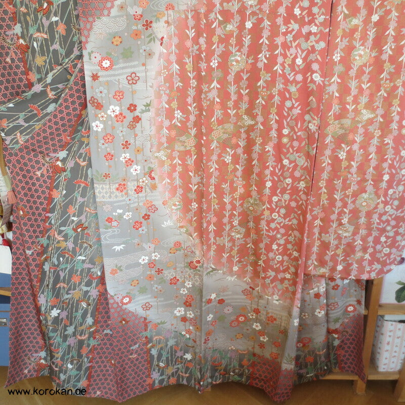 großer Furisode Seidencrepe Kimono Schmetterlinge, Blüten, großer Schwung