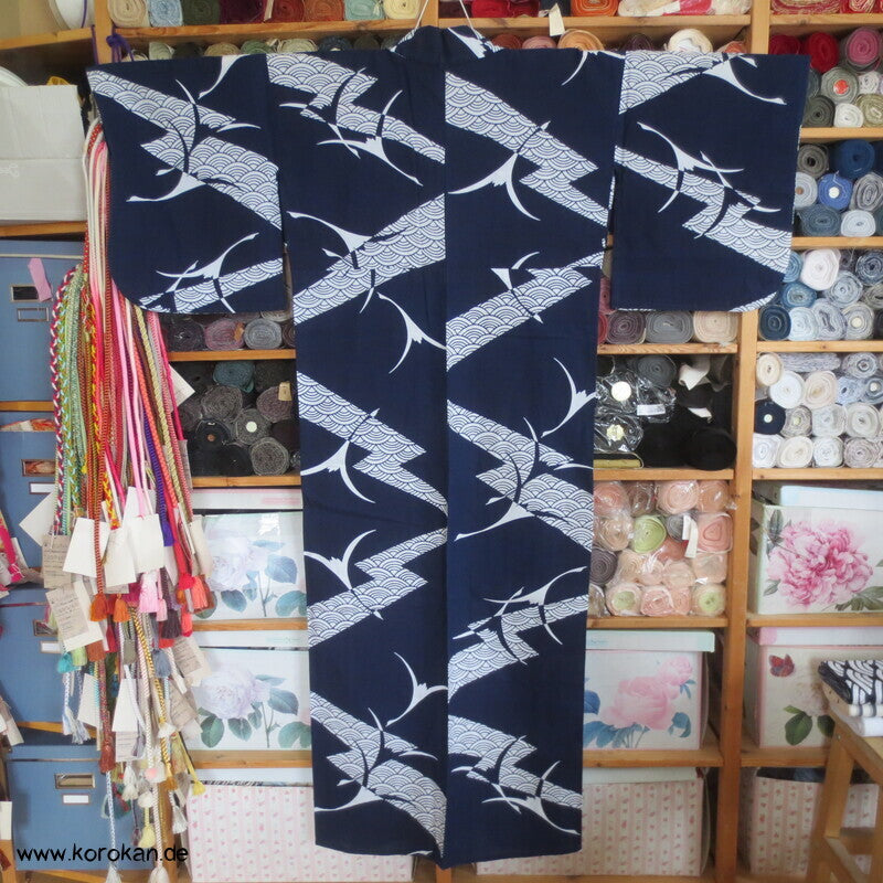 Yukata Baumwoll Kimono Kraniche und Wellen