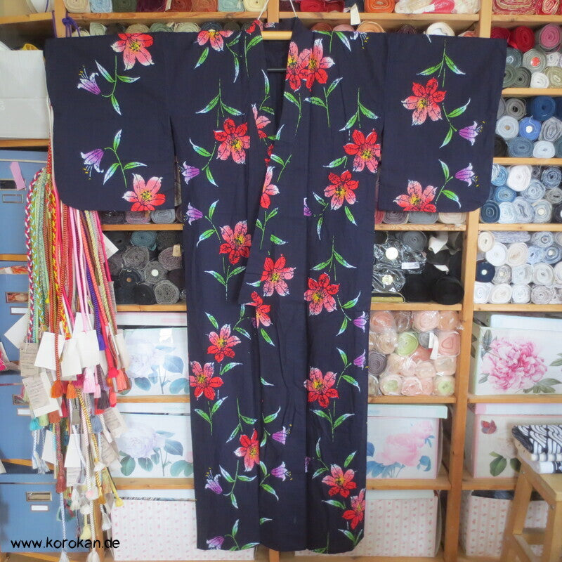 Japan Baumwoll Yukata Kimono bunte Lilien auf blau