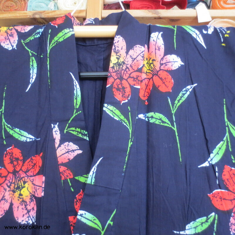 Japan Baumwoll Yukata Kimono bunte Lilien auf blau