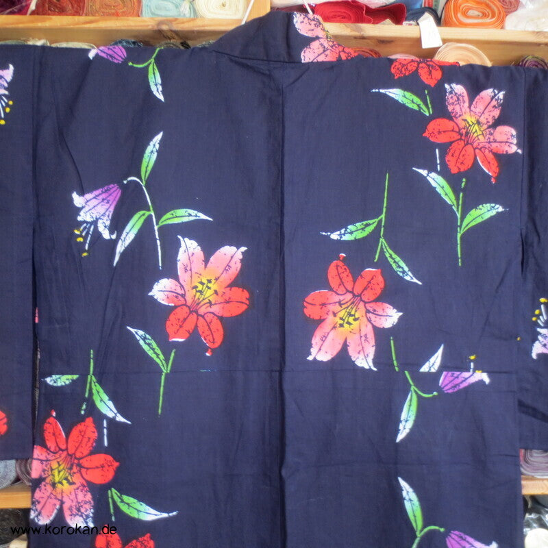 Japan Baumwoll Yukata Kimono bunte Lilien auf blau