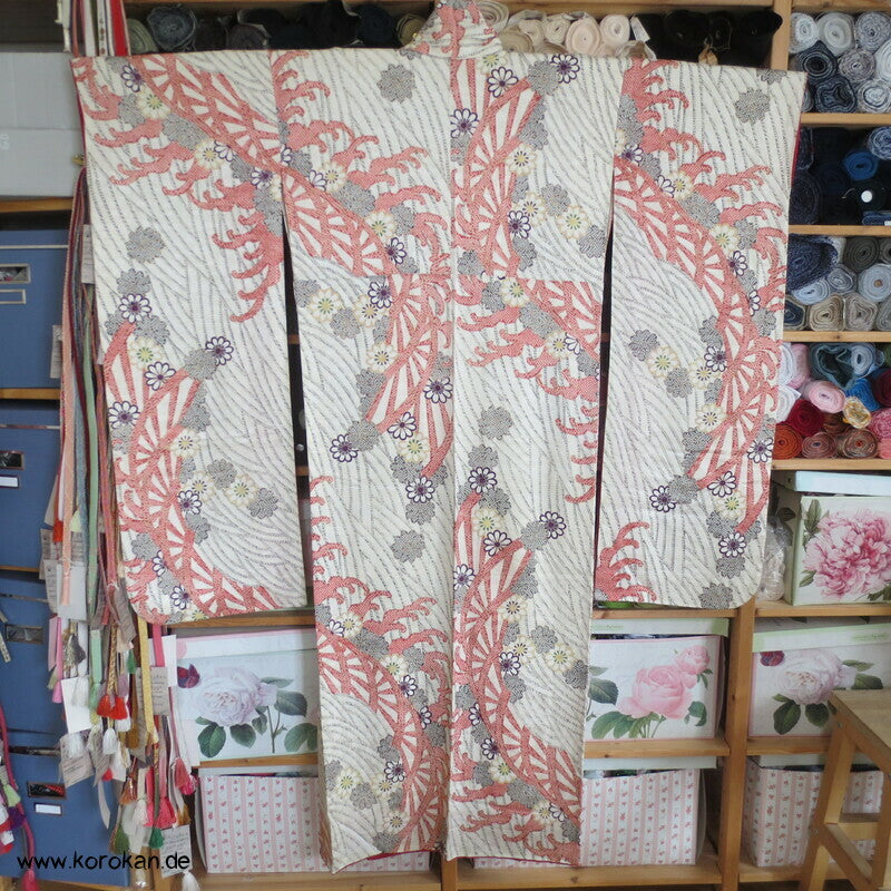 Genji Guruma Wasserräder antiker Furisode Seidendamast Kimono