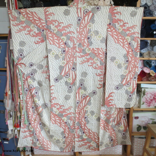 Genji Guruma Wasserräder antiker Furisode Seidendamast Kimono