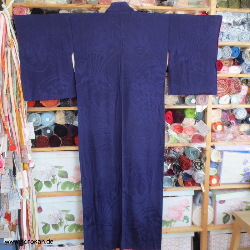 gewebte Fächer und Blüten, veilchenblauer Seidendamast Iromuji Kimono