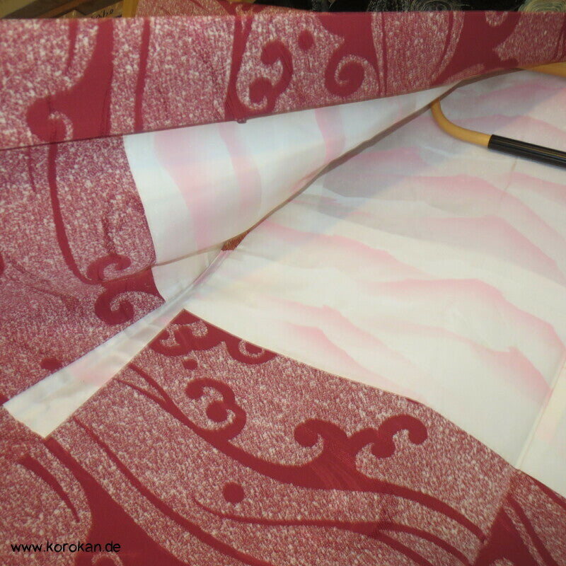 gewebte und gedruckte Wellen in blassrot Seidendamast Haori Kimono Jacke