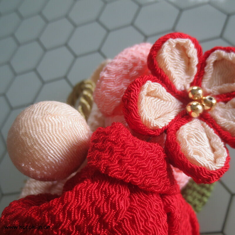 japanischer Kanzashi Haarkamm - Fascinator,  Blüten Kordel rot gold