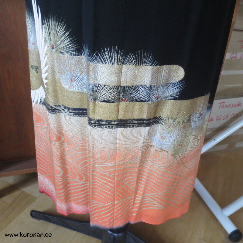 Japan Tomesode Kimono Seidencrepe Upcycling Cocktail Kleid, Kranich, Unikat, Gr. S