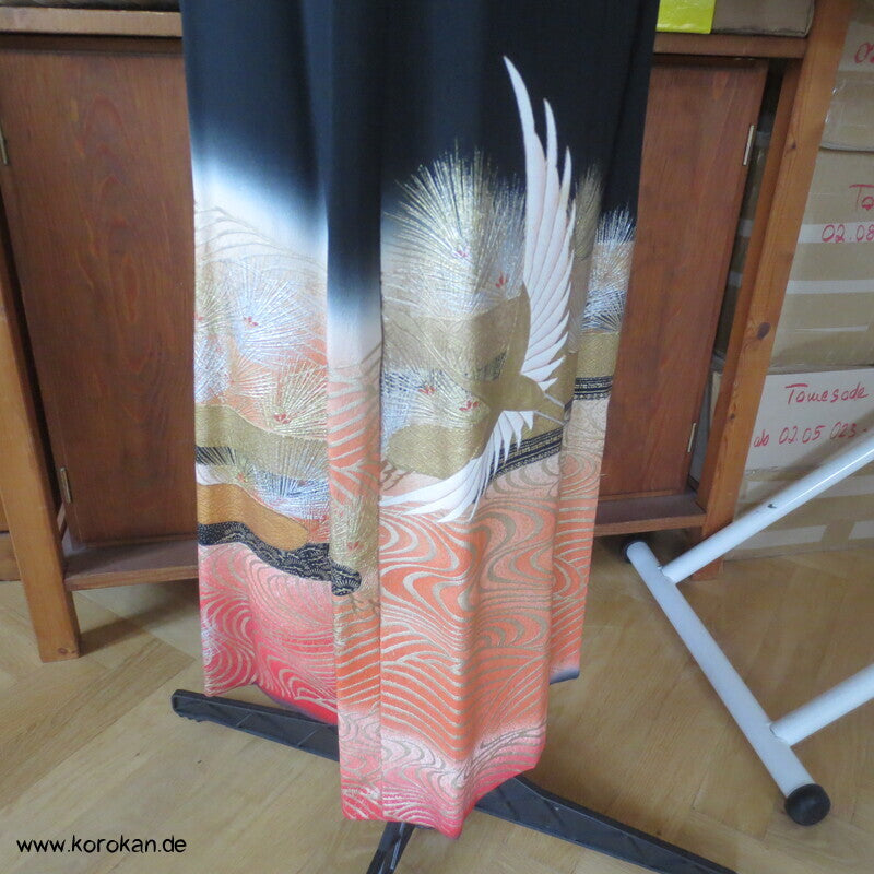 Japan Tomesode Kimono Seidencrepe Upcycling Cocktail Kleid, Kranich, Unikat, Gr. S