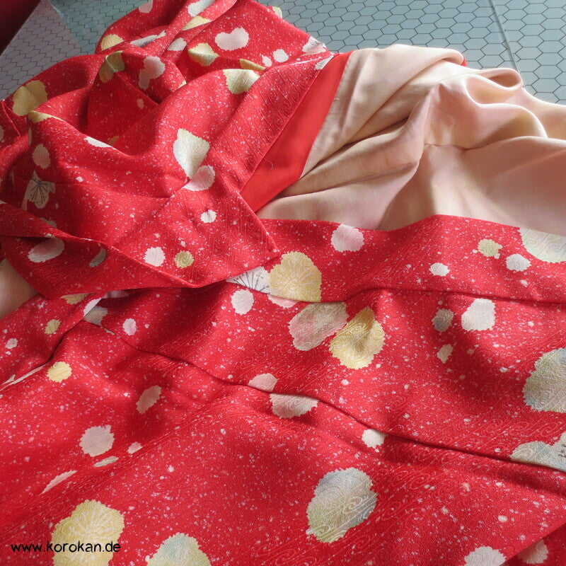 Pflaumenblüten Golddruck Seidendamast Chu Furisode / Komon Kimono