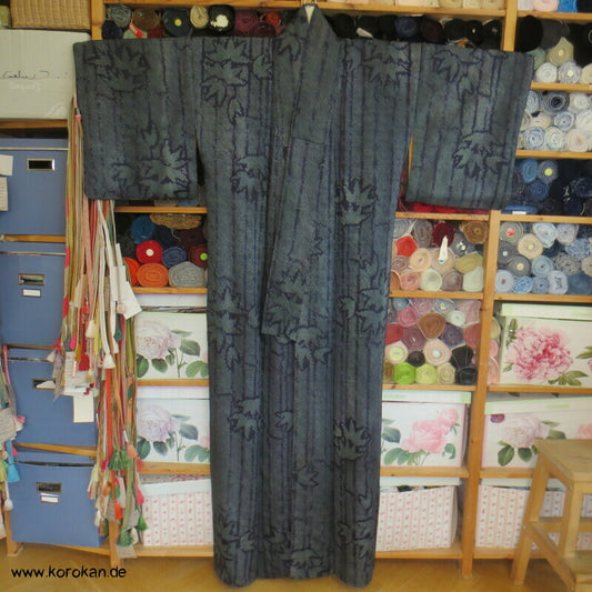 Full Shibori Seidendamast dunkelgrau - blaues Bambusmuster Kimono