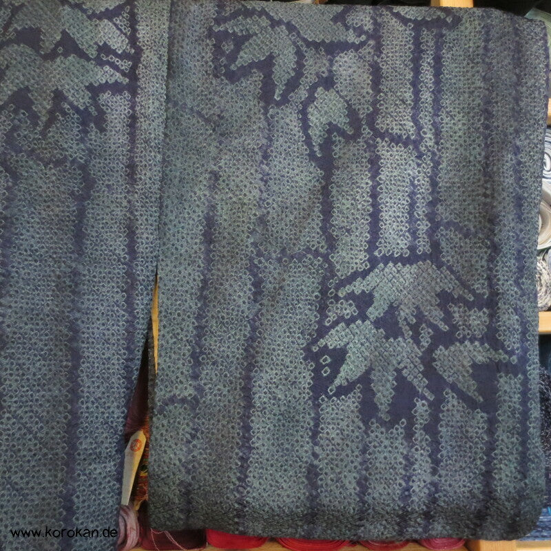 Full Shibori Seidendamast dunkelgrau - blaues Bambusmuster Kimono