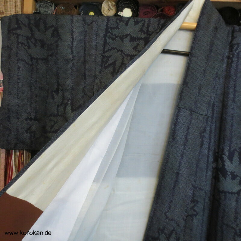 Full Shibori Seidendamast dunkelgrau - blaues Bambusmuster Kimono