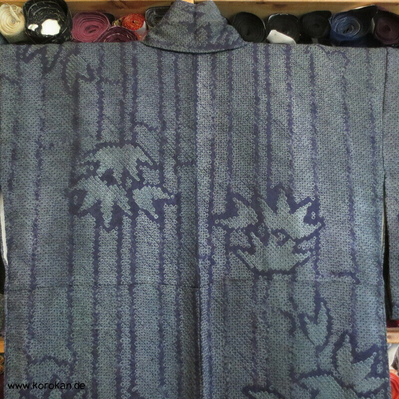 Full Shibori Seidendamast dunkelgrau - blaues Bambusmuster Kimono