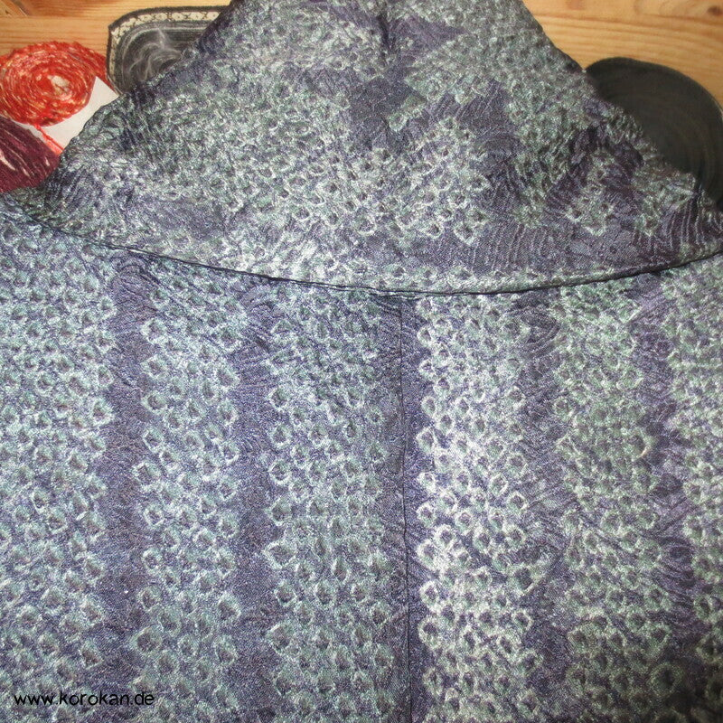 Full Shibori Seidendamast dunkelgrau - blaues Bambusmuster Kimono