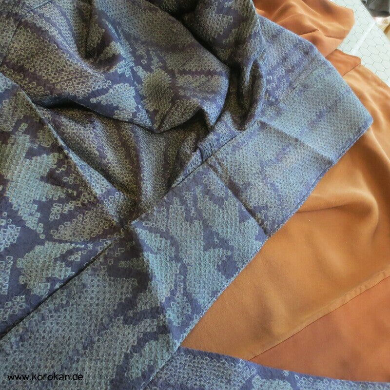 Full Shibori Seidendamast dunkelgrau - blaues Bambusmuster Kimono