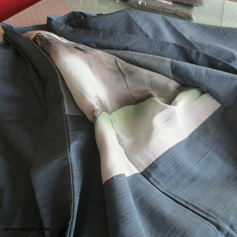 jeansblaue Tsumugi Seide Männer Haori Kimono Jacke, Bergmotiv innen