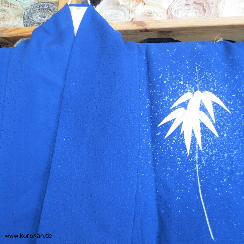 Winter Bambus auf blau Seidencrepe Tsukesage Kimono
