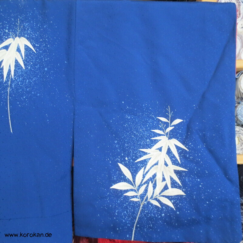 Winter Bambus auf blau Seidencrepe Tsukesage Kimono