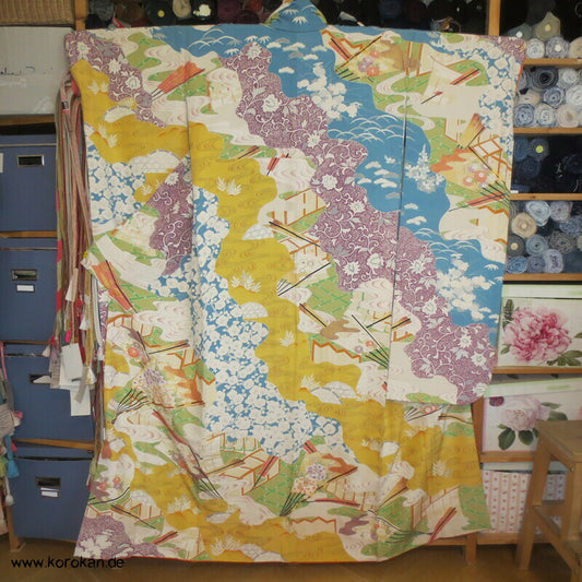 pastellbuntes Diagonalflussmuster Furisode Seidencrepe Kimono