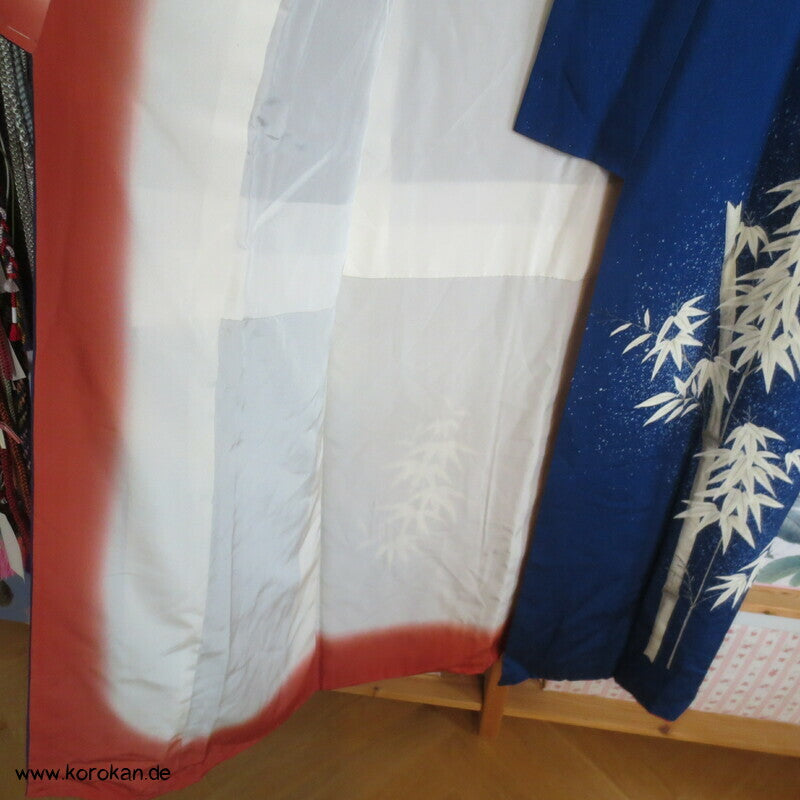 Winter Bambus auf blau Seidencrepe Tsukesage Kimono