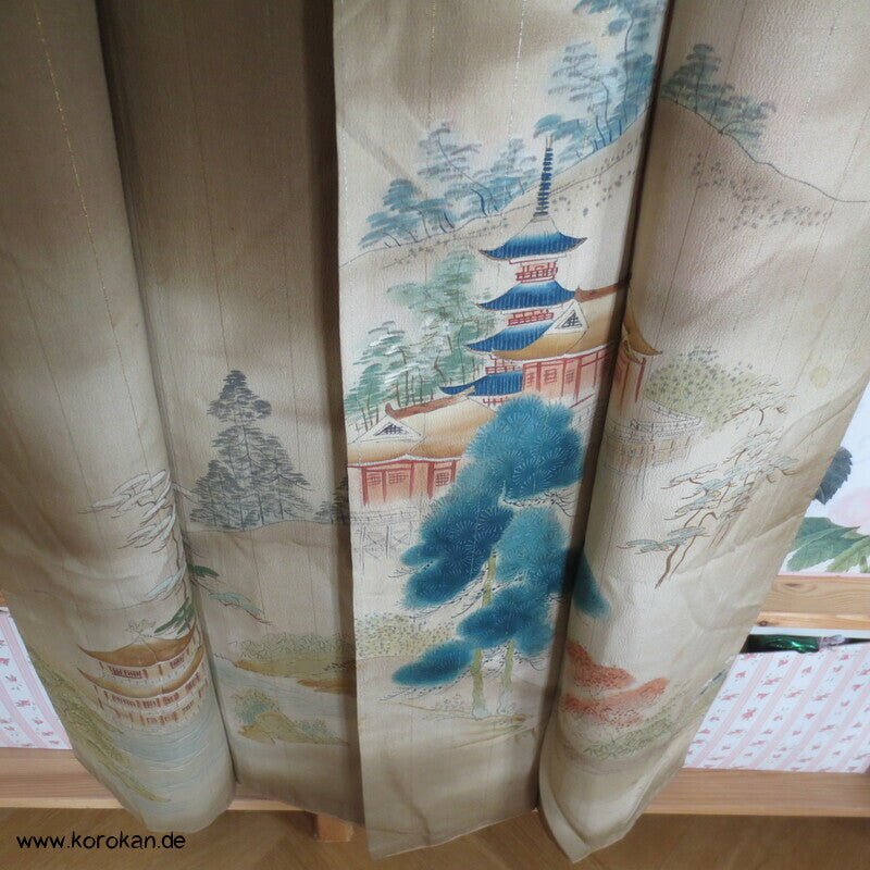 antiker Tempel Irotomesode Japan Kimono, Seidencrepe oliv