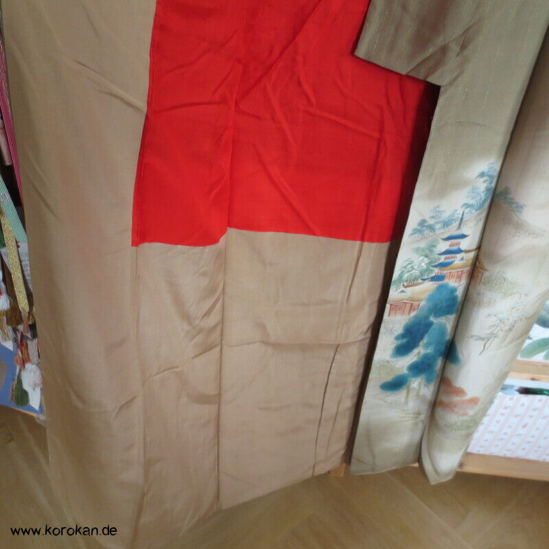 antiker Tempel Irotomesode Japan Kimono, Seidencrepe oliv