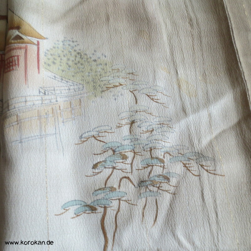 antiker Tempel Irotomesode Japan Kimono, Seidencrepe oliv