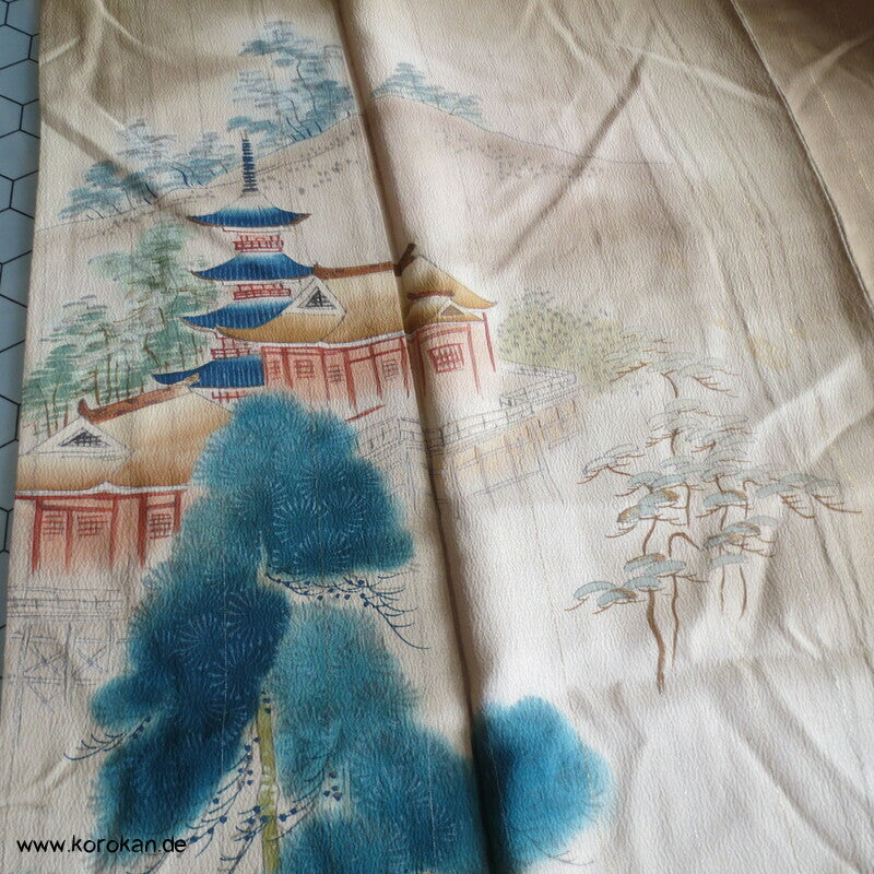 antiker Tempel Irotomesode Japan Kimono, Seidencrepe oliv