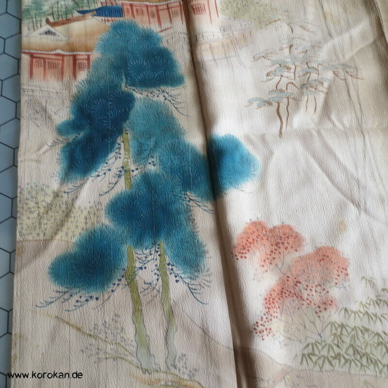 antiker Tempel Irotomesode Japan Kimono, Seidencrepe oliv