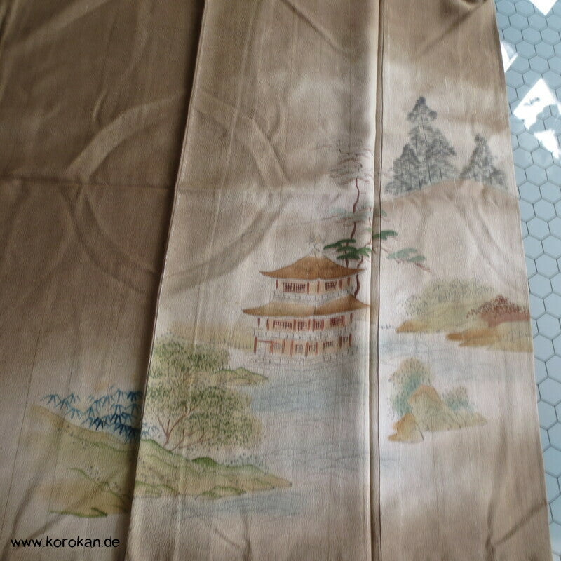 antiker Tempel Irotomesode Japan Kimono, Seidencrepe oliv