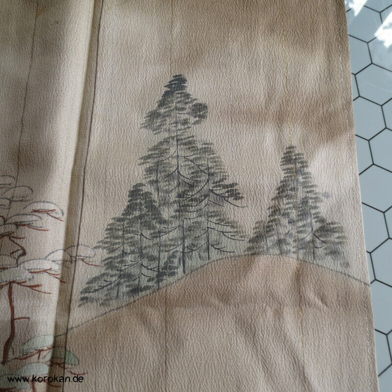 antiker Tempel Irotomesode Japan Kimono, Seidencrepe oliv
