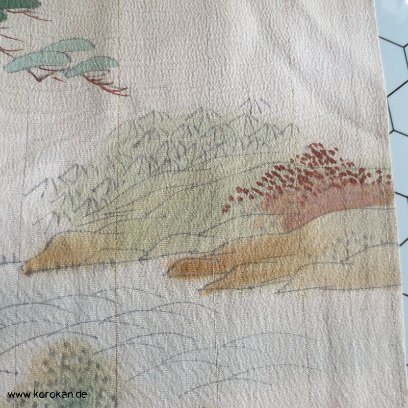 antiker Tempel Irotomesode Japan Kimono, Seidencrepe oliv
