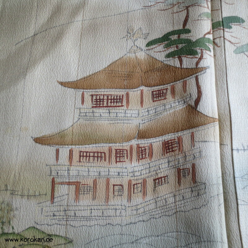 antiker Tempel Irotomesode Japan Kimono, Seidencrepe oliv