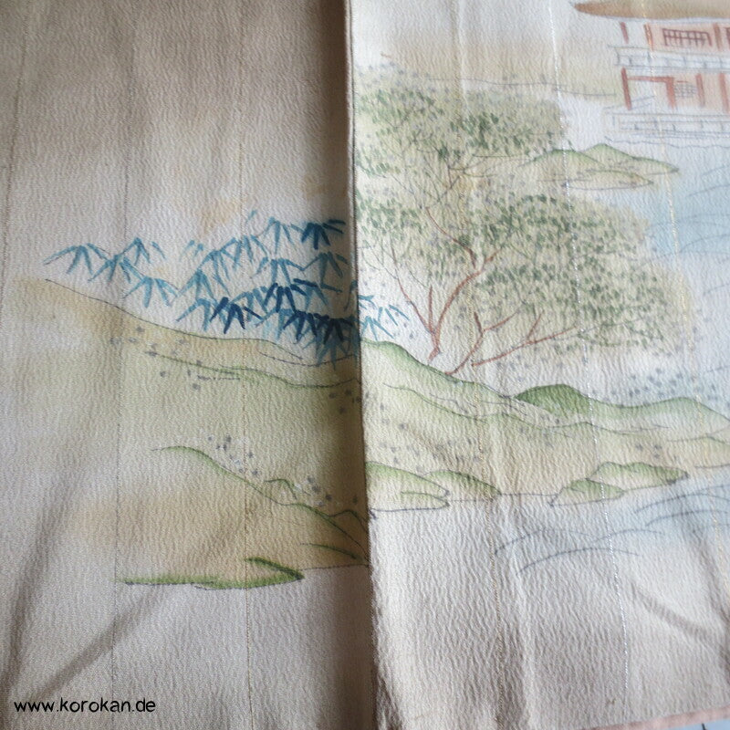 antiker Tempel Irotomesode Japan Kimono, Seidencrepe oliv