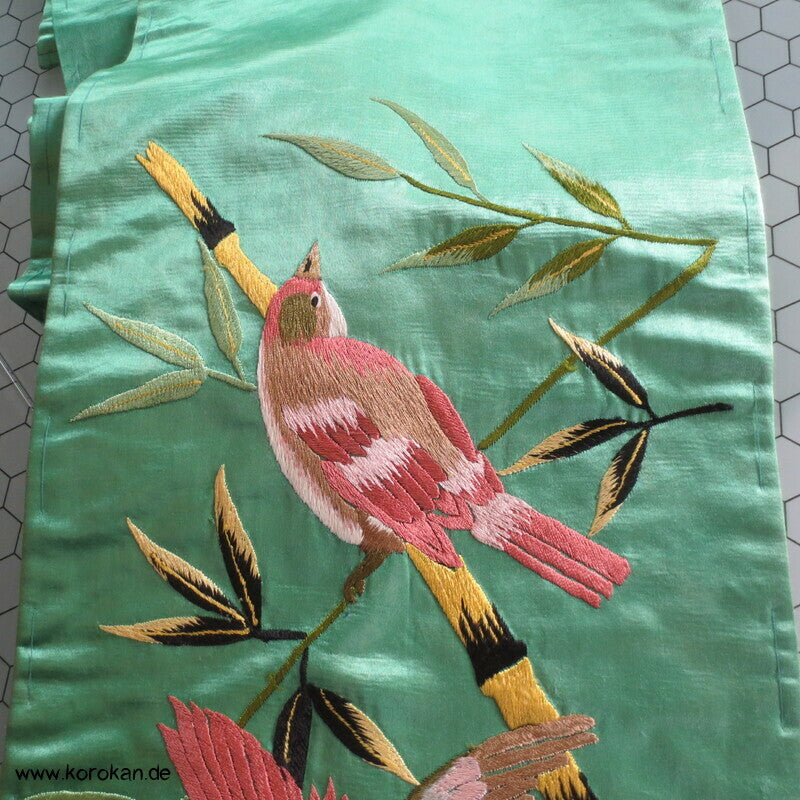 Spatzen im Bambus handgestickt, antiker Nagoya Obi