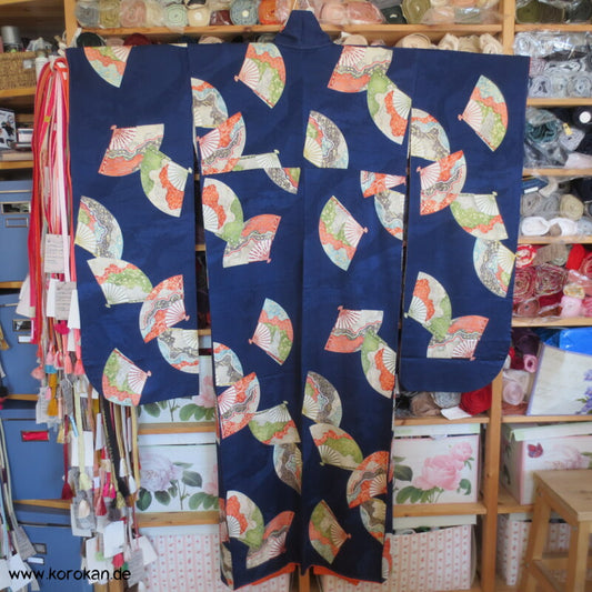 bunte Fächer auf blauem Rinzu Seiden Damast Chu - Furisode