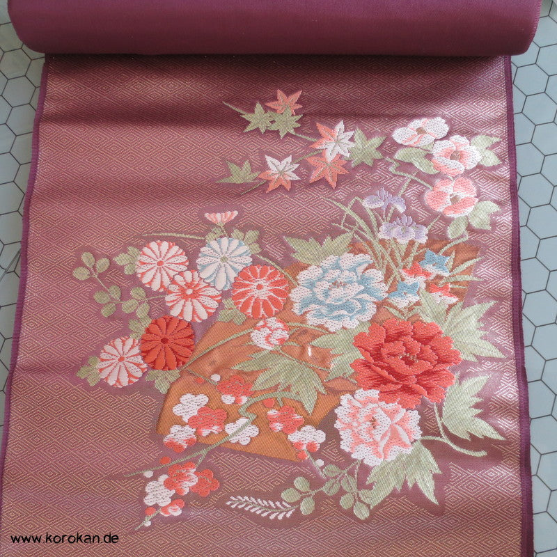 Diamantmuster und Blumenbouquet Nagoya Obi Seidenbrokat