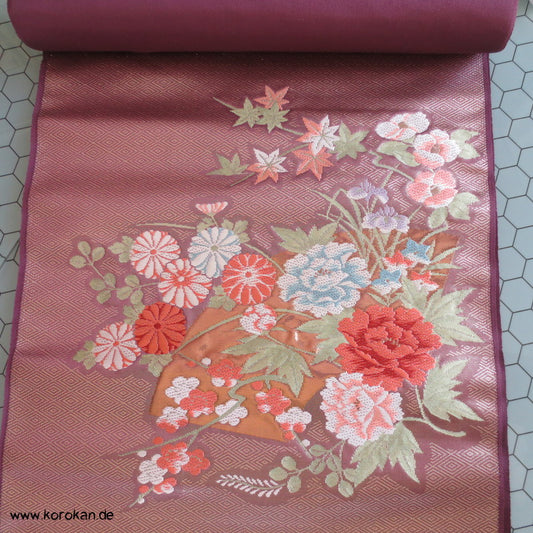 Diamantmuster und Blumenbouquet Nagoya Obi Seidenbrokat