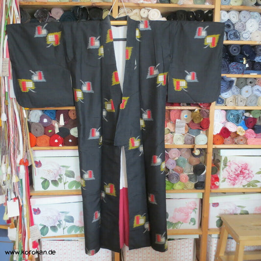 Art Deco Blätter auf schwarz Meisen Seiden Kimono, nur Material