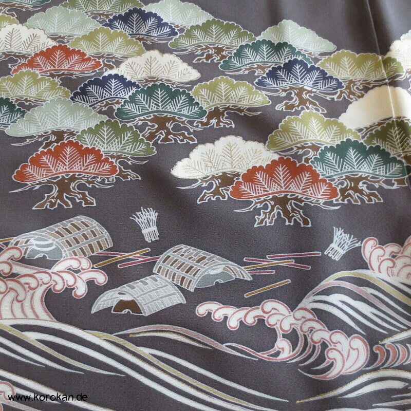 Wellen und Pinien Irotomesode Kimono, taupe Seidencrepe