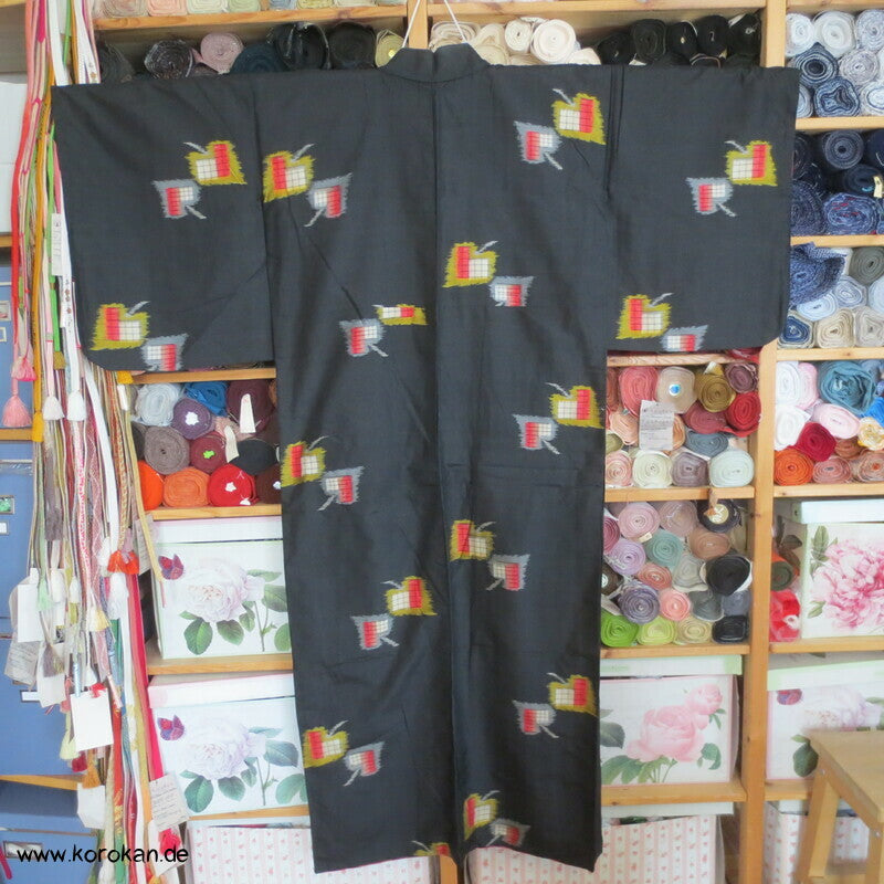 Art Deco Blätter auf schwarz Meisen Seiden Kimono, nur Material