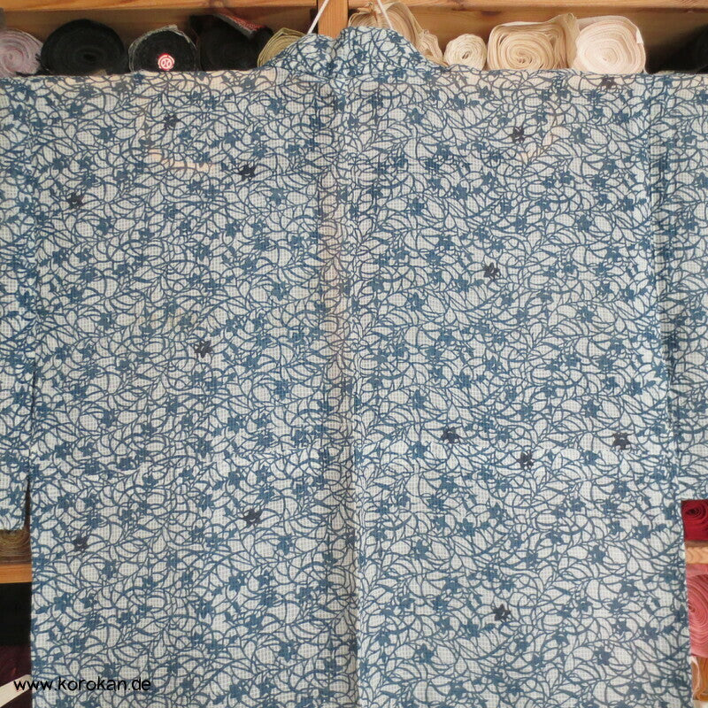 Blumenranken auf Karogewebe Hitoe Kimono, leicht transparent