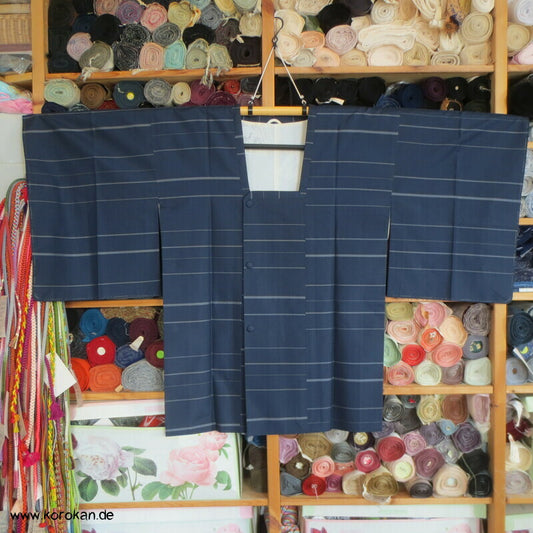 Seiden Michiyuki Kimono Regen Jacke, blau gestreift, dicht geschlagen