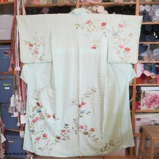 Wellen Seiden Damast Tachibana Zweige Stickerei Homongi Kimono
