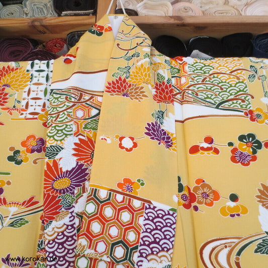 bunte klassisch japanische Muster Chu Furisode Seidencrepe Kimono