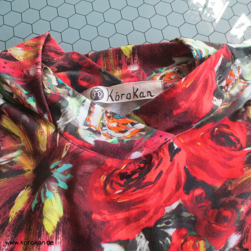 Baumwolljersey Rosen Langarm Shirt mit Rosenblütenausschnitt, Gr. XL