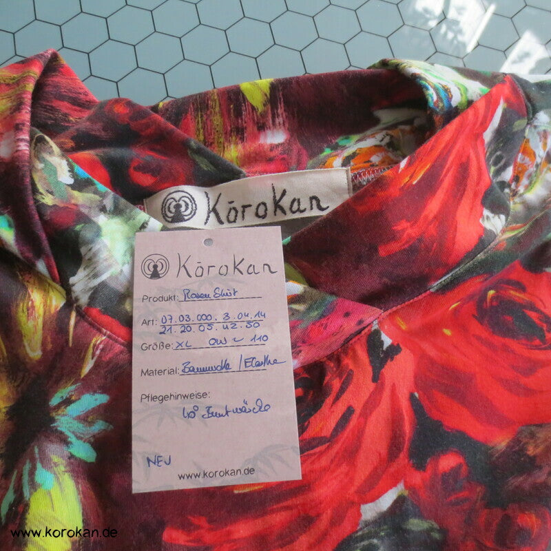 Baumwolljersey Rosen Langarm Shirt mit Rosenblütenausschnitt, Gr. XL